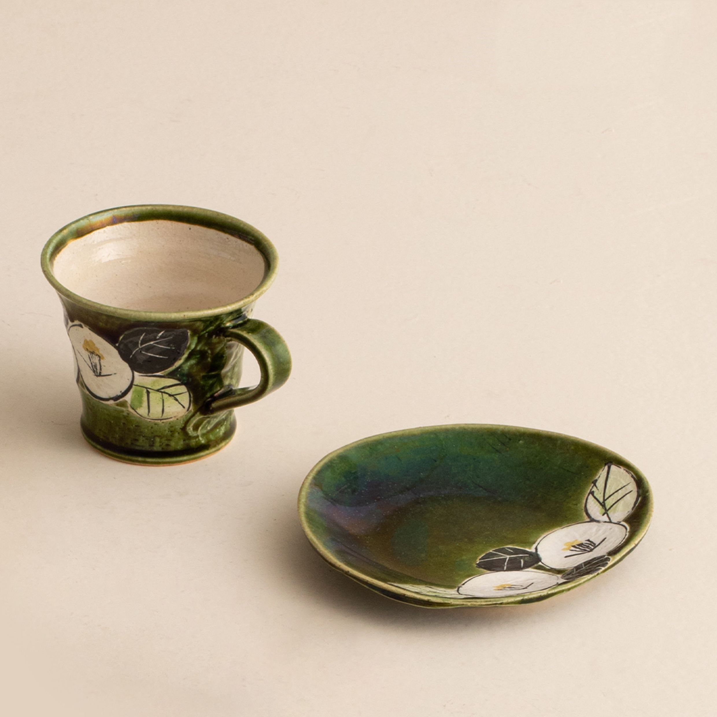 Hatsuichi Mino Ware Handcrafted Oribe Camellia Ceramic Coffee Cup/Saucer Set