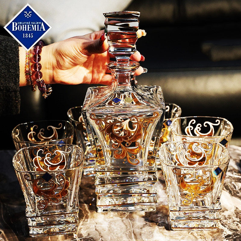 Bohemia Gold Enamel Whisky Glasses Decanter Gift Set