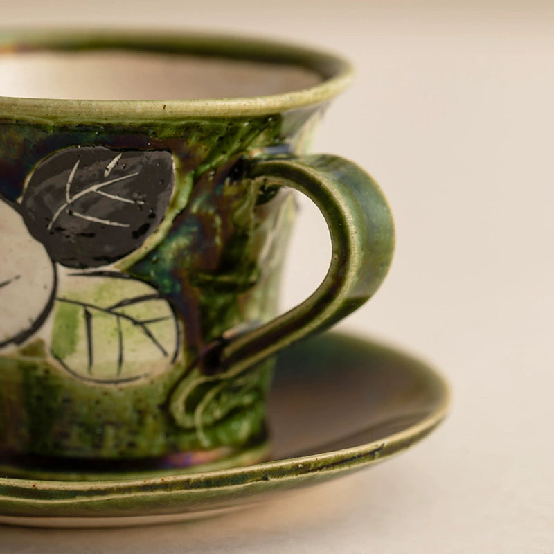 Hatsuichi Mino Ware Handcrafted Oribe Camellia Ceramic Coffee Cup/Saucer Set