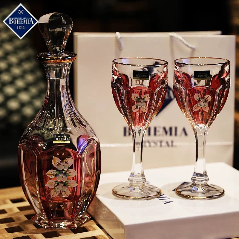 Bohemia Red Enamel Wine Glasses Decanter Gift Set