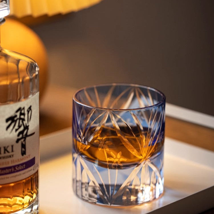 Bule Flowers Edo Kiriko Whiskey Glass