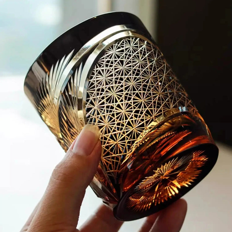 Edo Kiriko Whiskey Glass Tsuruha Chrysanthemum with Wooden Box