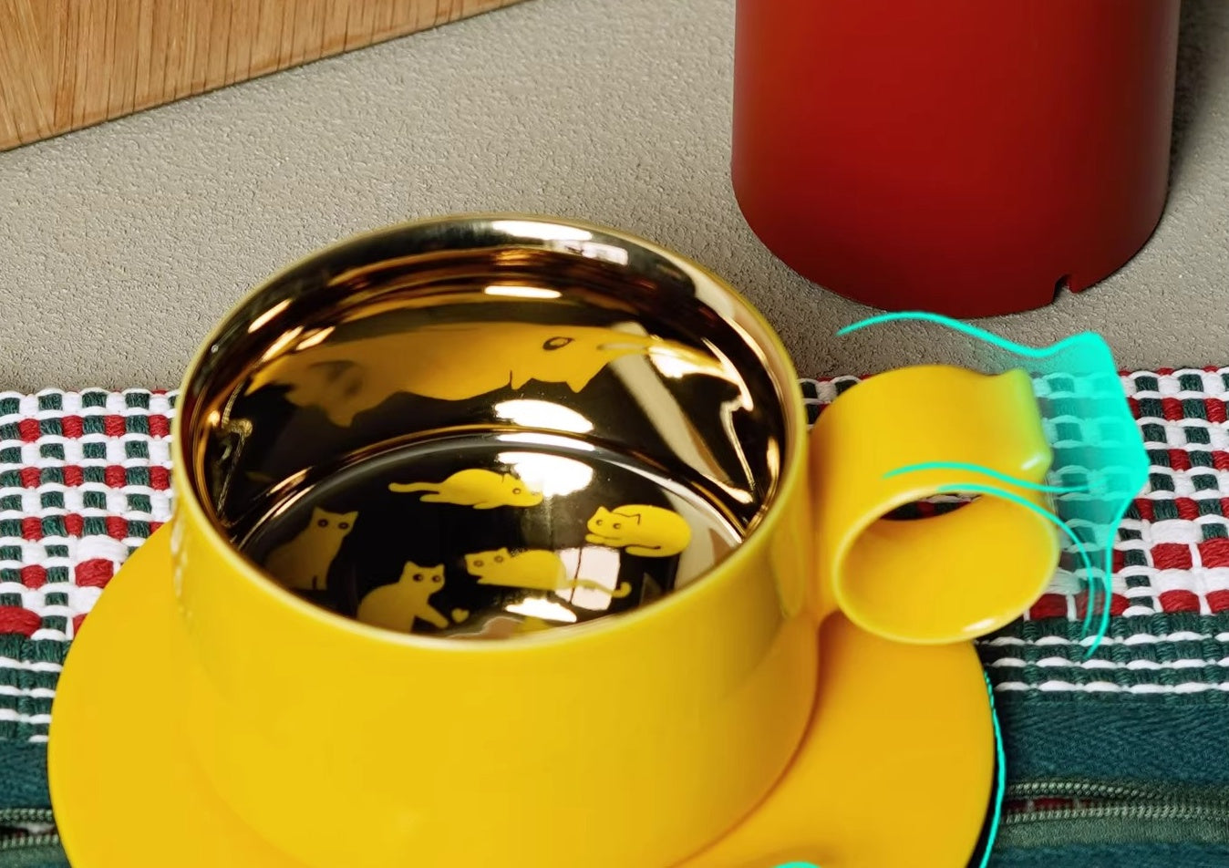 Retro Ceramic Titanium Coffee Mug with Cat Illustration - Deluxe Gift Box