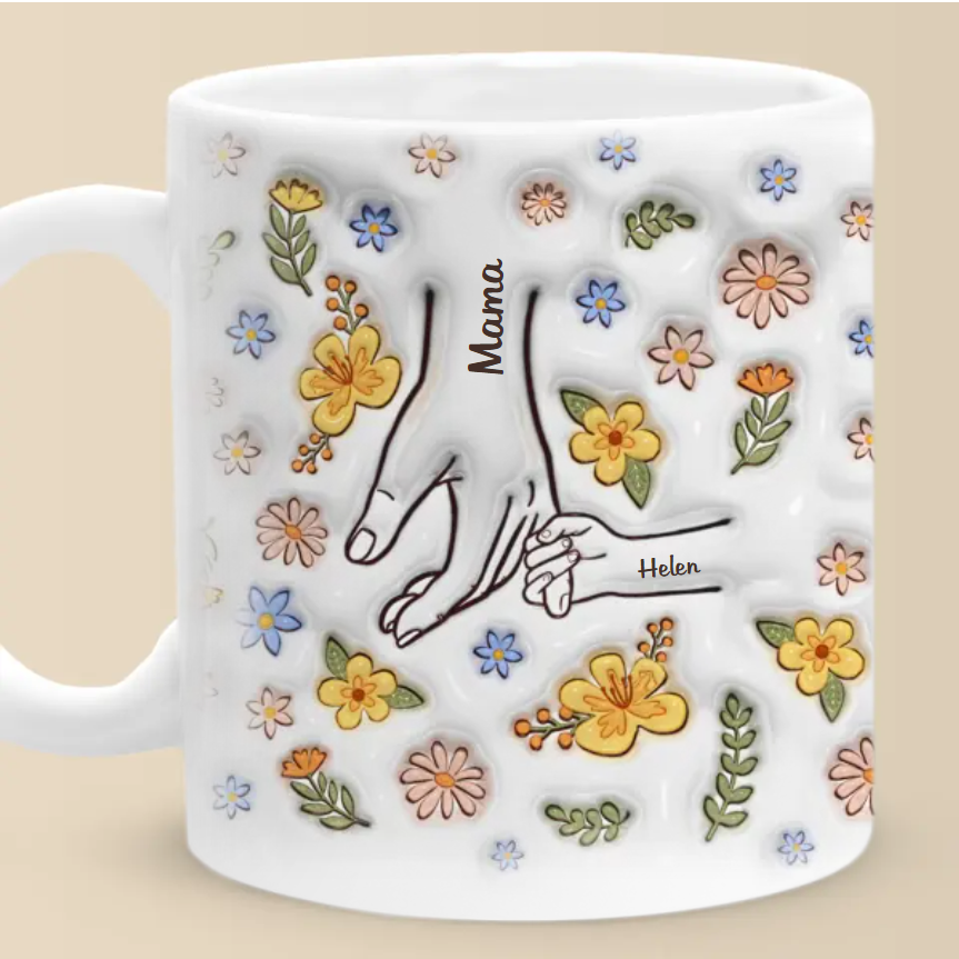 You Hold Our Hands, Also Our Hearts，Family Personalized Custom 3D Inflated Effect Printed Mug Gift For Mom, Grandma，GOGLASSCUP