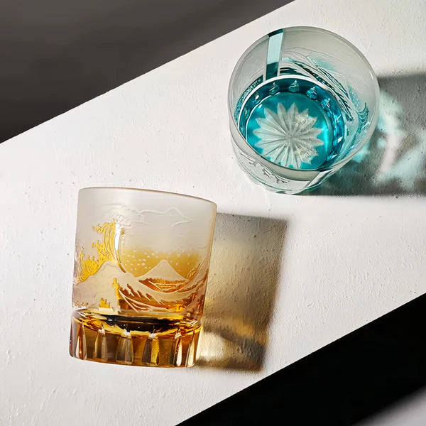 Edo Kiriko Handcrafted Fuji Wave Whiskey Glass Collection With Wooden Box