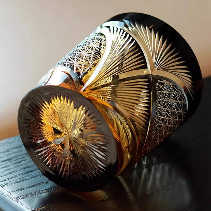 Edo Kiriko Whiskey Glass Tsuruha Chrysanthemum with Wooden Box