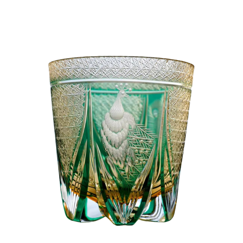 KAGAMI Edo Kiriko Whiskey Glass Peacock with Wooden Box