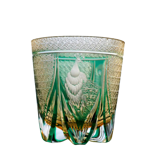 KAGAMI Edo Kiriko Whiskey Glass Peacock with Wooden Box