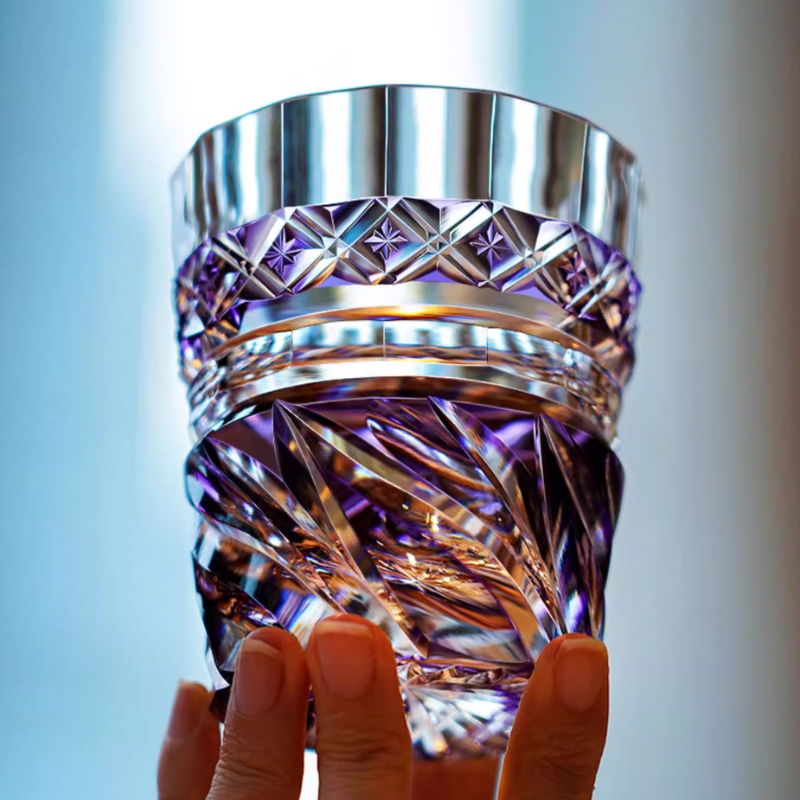 Edo Kiriko Handcrafted Aozora Kaze Whiskey Glass with Wooden Box