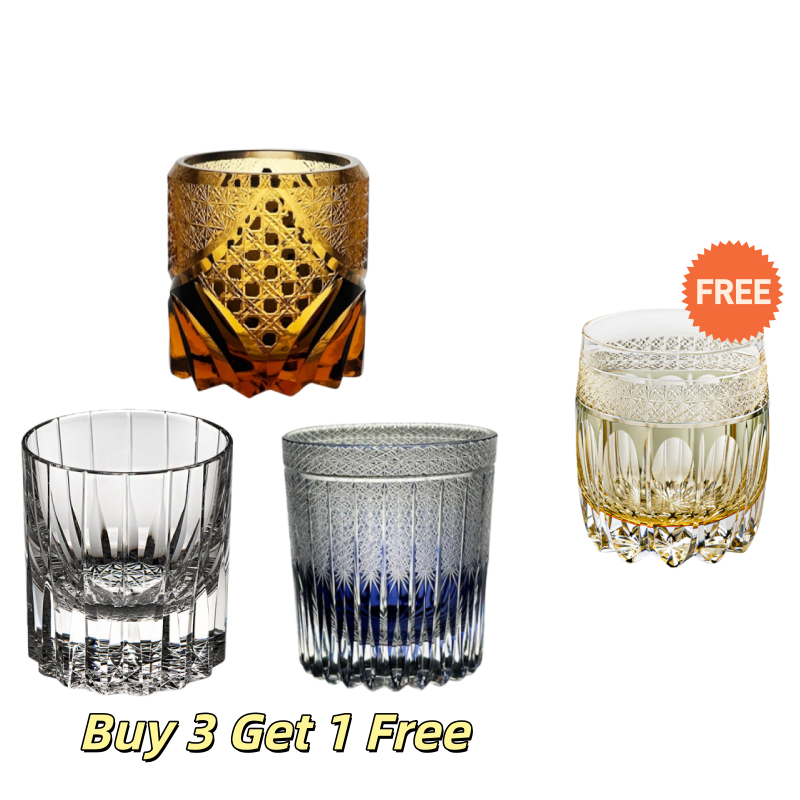 Buy 3 Get 1 Free: Edo Kiriko Handcrafted Whiskey Glass Set | Includes Purple Cloud, Dark Knight, Starry Night & Gift (Amber Celestial)