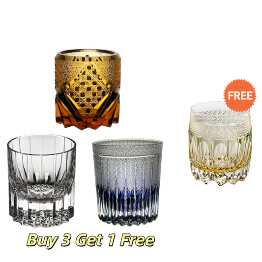 Buy 3 Get 1 Free: Edo Kiriko Handcrafted Whiskey Glass Set | Includes Purple Cloud, Dark Knight, Starry Night & Gift (Amber Celestial)