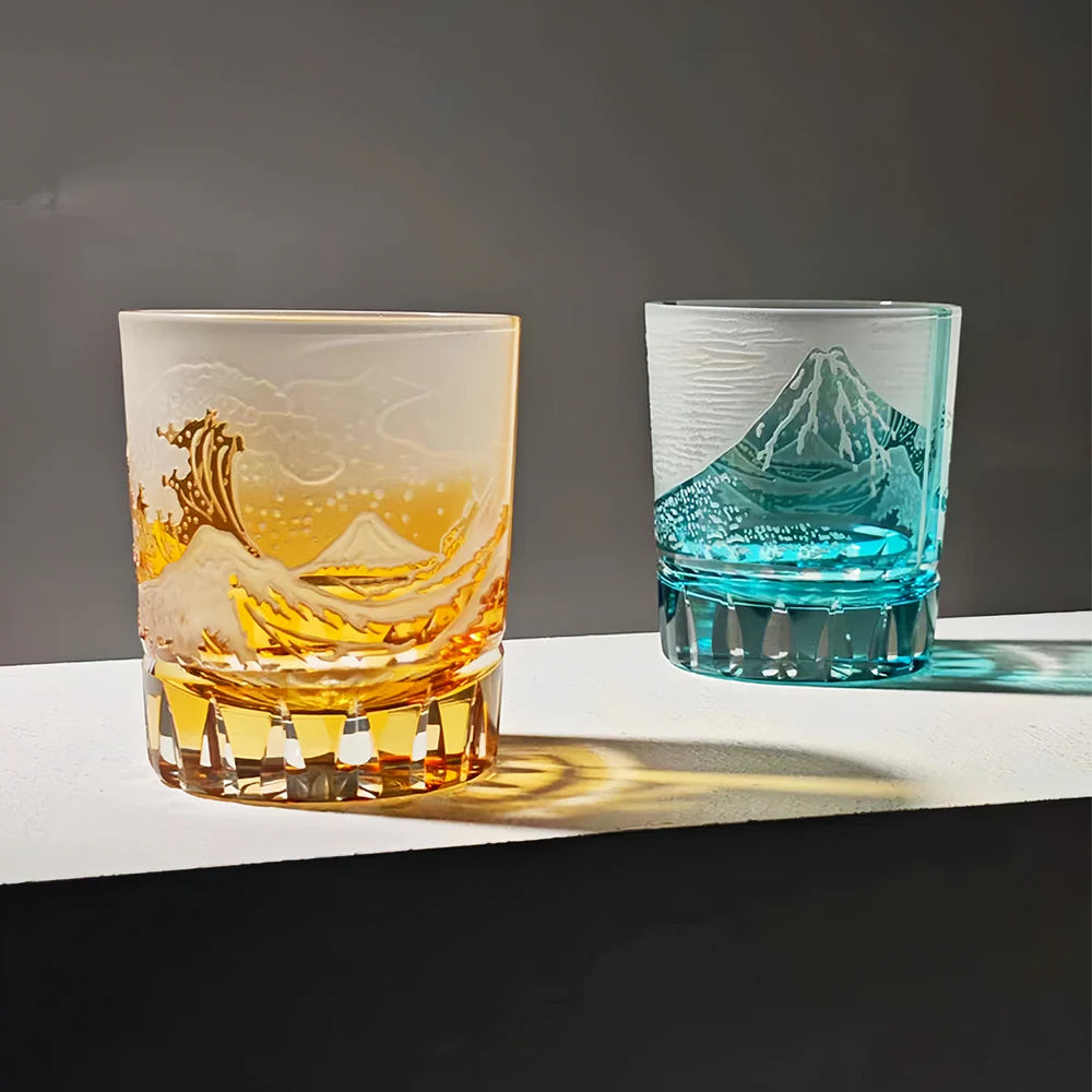 Edo Kiriko Handcrafted Fuji Wave Whiskey Glass Collection With Wooden Box