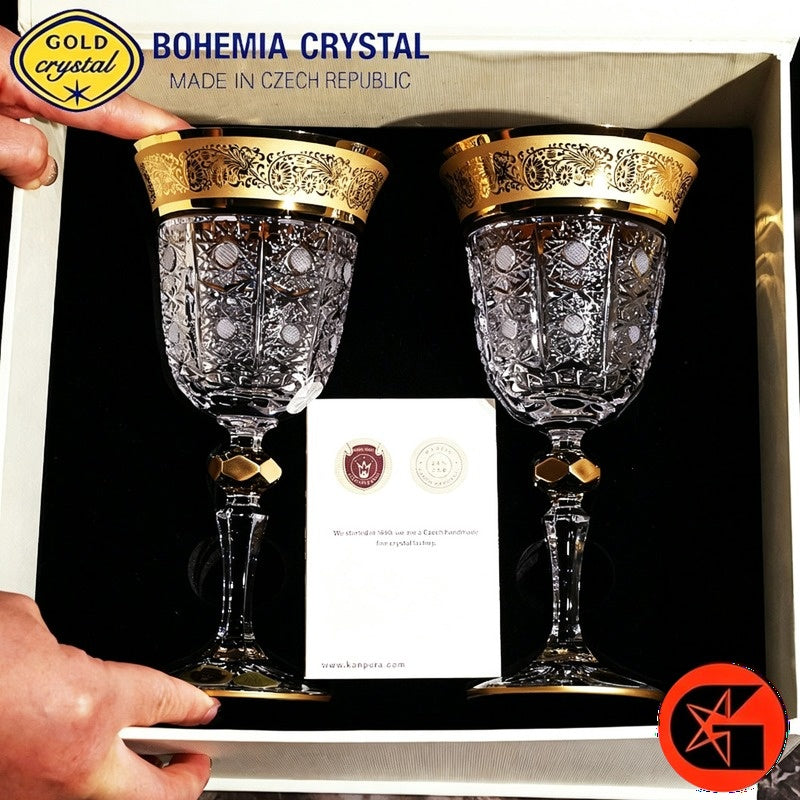 BOHEMIA handcrafted gold decor crystal wine glasses in gift box