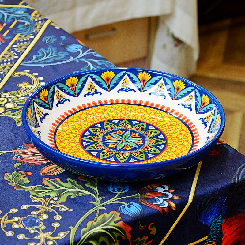 Bohemian Enamel Deep Plate - Underglaze Ceramic Salad & Dinner Plate