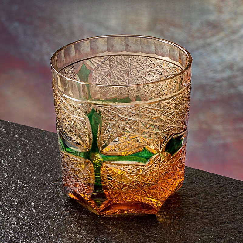 Edo Kiriko Handcrafted Amber Cross Heart Whiskey Glass - Japanese GoGlassCup