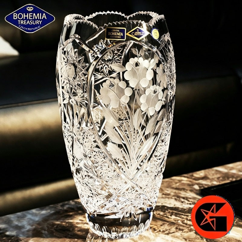 BOHEMIA handcrafted crystal glass vase with carved floral pattern
